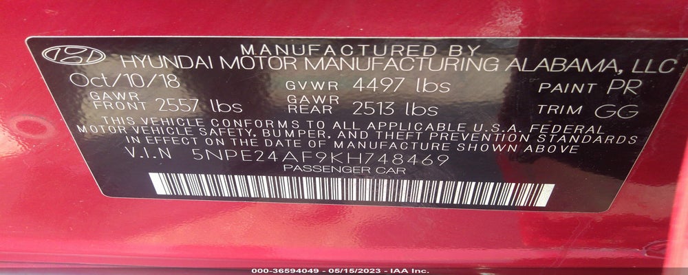 5NPE24AF9KH748469 2019 HYUNDAI SONATA photo no. 9
