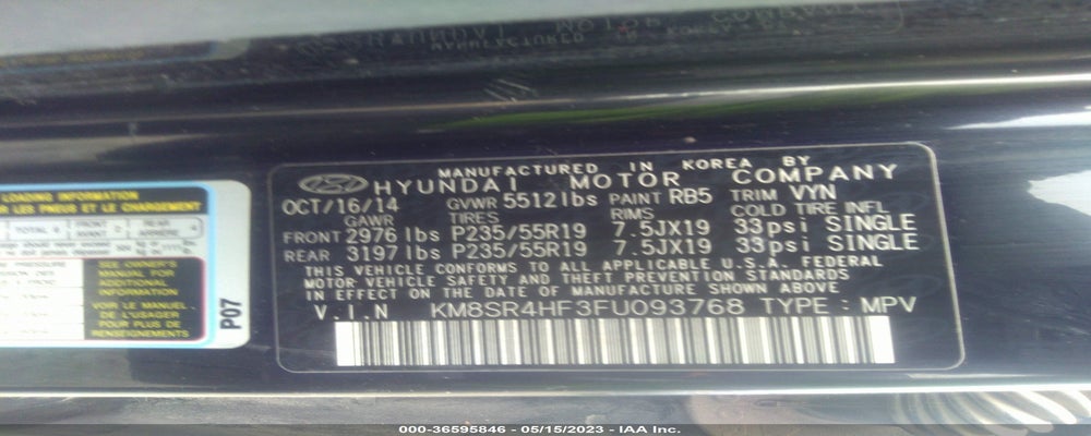 KM8SR4HF3FU093768 2015 HYUNDAI SANTA FE photo no. 9