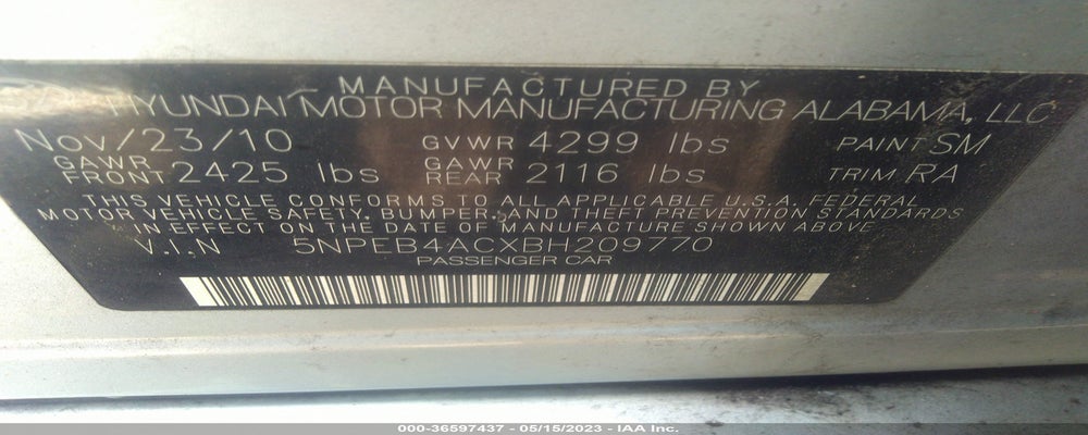 5NPEB4ACXBH209770 2011 HYUNDAI SONATA photo no. 9