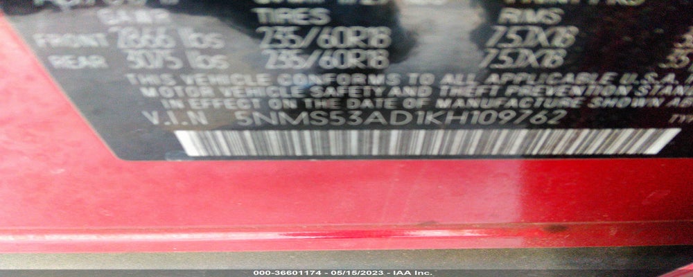 5NMS53AD1KH109762 2019 HYUNDAI SANTA FE photo no. 9