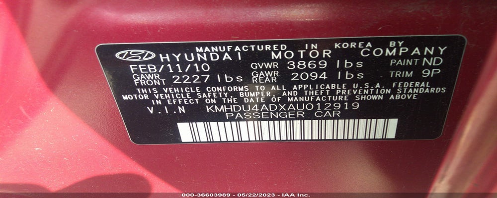 KMHDU4ADXAU012919 2010 HYUNDAI ELANTRA photo no. 9