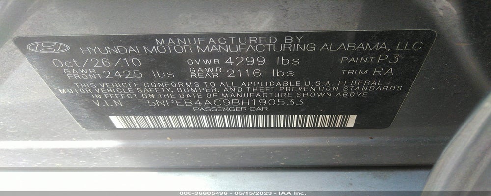 5NPEB4AC9BH190533 2011 HYUNDAI SONATA photo no. 9