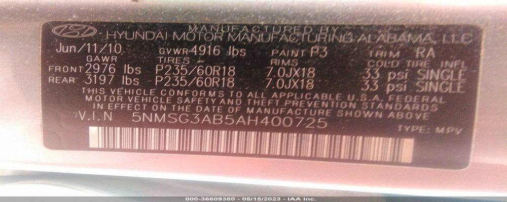 5NMSG3AB5AH400725 2010 HYUNDAI SANTA FE photo no. 9