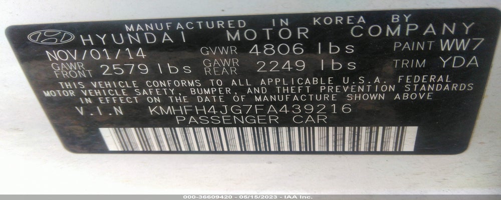 KMHFH4JG7FA439216 2015 HYUNDAI AZERA photo no. 9