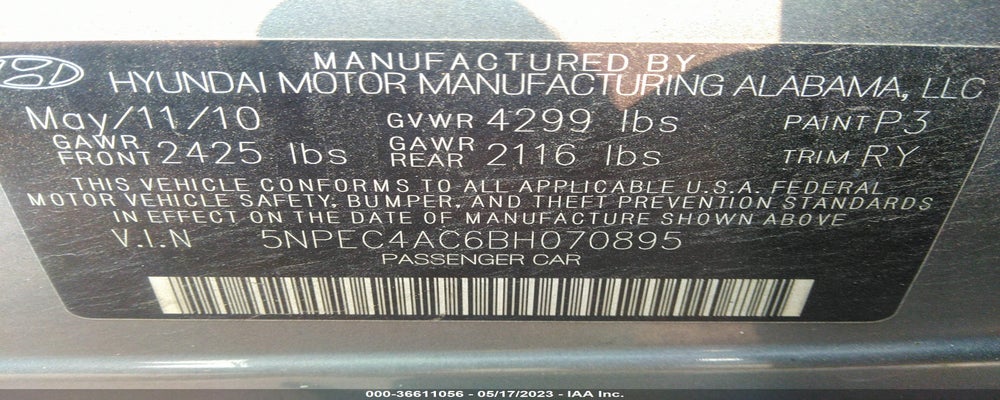 5NPEC4AC6BH070895 2011 HYUNDAI SONATA photo no. 9