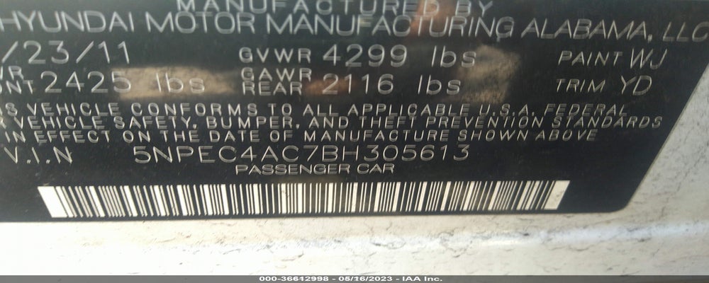 5NPEC4AC7BH305613 2011 HYUNDAI SONATA photo no. 9