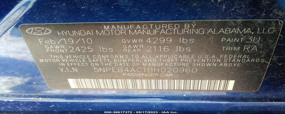 5NPEB4AC1BH020960 2011 HYUNDAI SONATA photo no. 9