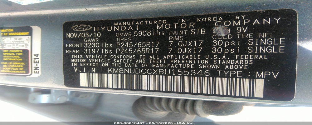 KM8NUDCCXBU155346 2011 HYUNDAI VERACRUZ photo no. 9