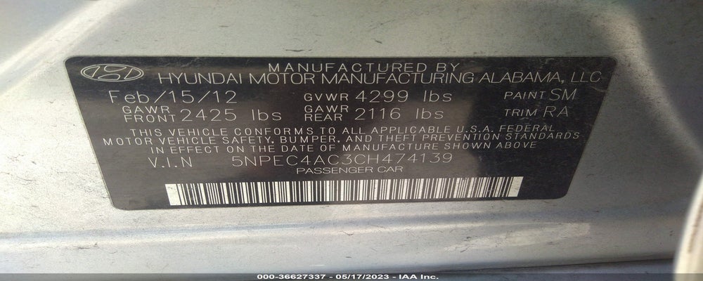 5NPEC4AC3CH474139 2012 HYUNDAI SONATA photo no. 9