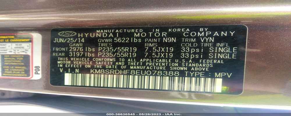 KM8SRDHF8EU078388 2014 HYUNDAI SANTA FE photo no. 9