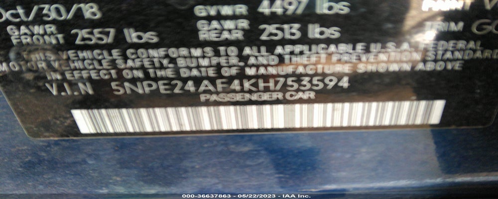 5NPE24AF4KH753594 2019 HYUNDAI SONATA photo no. 9
