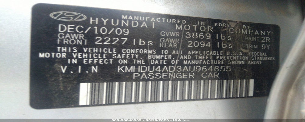 KMHDU4AD3AU964855 2010 HYUNDAI ELANTRA photo no. 9