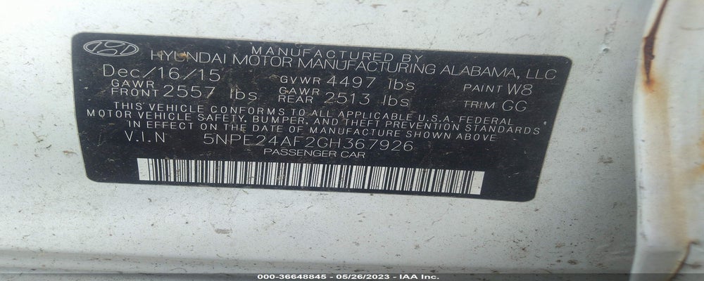 5NPE24AF2GH367926 2016 HYUNDAI SONATA photo no. 9