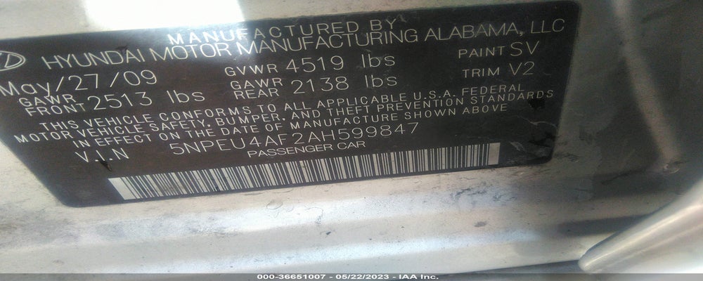 5NPEU4AF2AH599847 2010 HYUNDAI SONATA photo no. 9