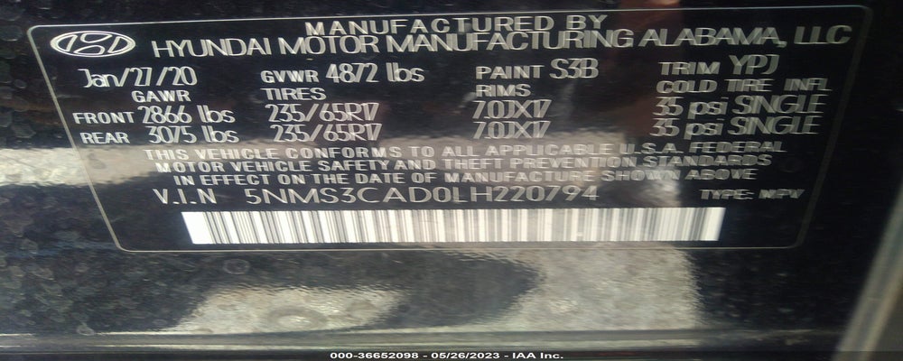 5NMS3CAD0LH220794 2020 HYUNDAI SANTA FE photo no. 9