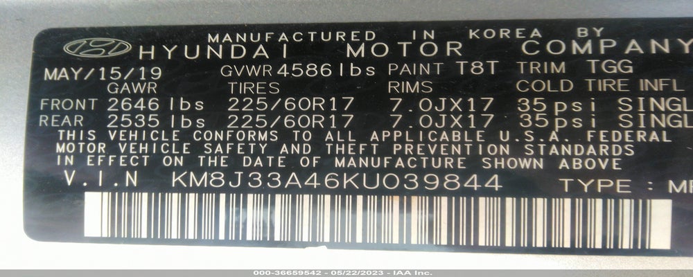 KM8J33A46KU039844 2019 HYUNDAI TUCSON photo no. 9