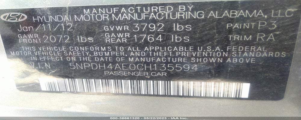 5NPDH4AE0CH135594 2012 HYUNDAI ELANTRA photo no. 9