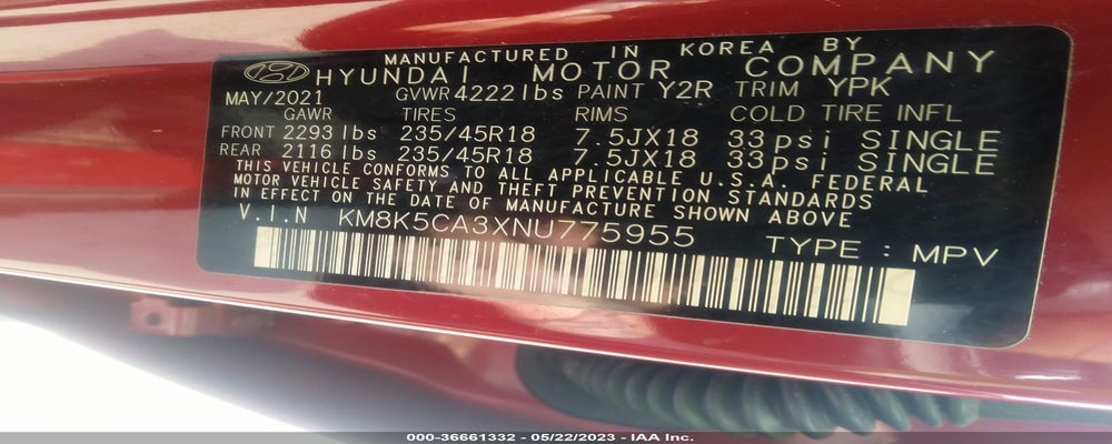 KM8K5CA3XNU775955 2022 HYUNDAI KONA photo no. 9