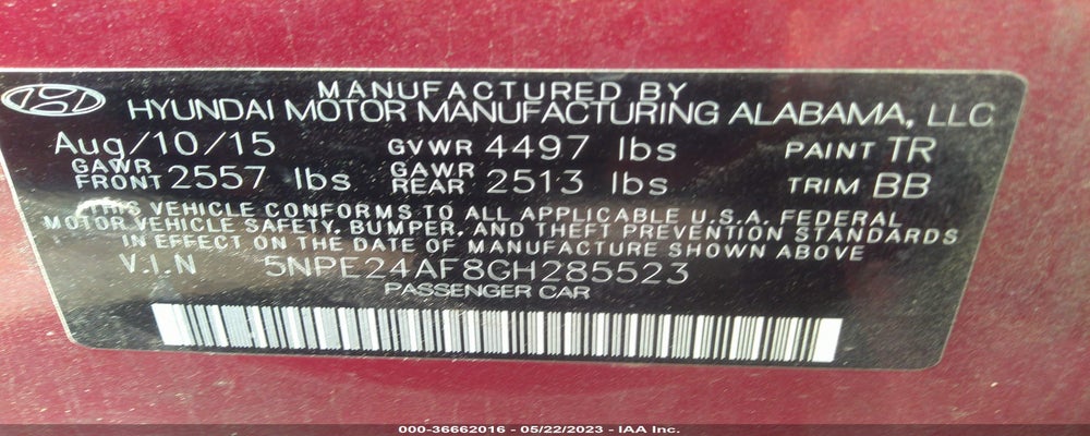 5NPE24AF8GH285523 2016 HYUNDAI SONATA photo no. 9