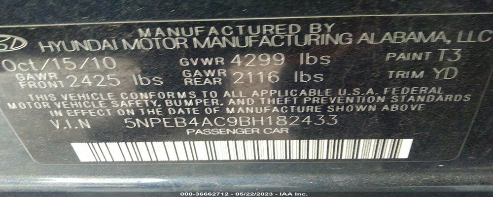 5NPEB4AC9BH182433 2011 HYUNDAI SONATA photo no. 9