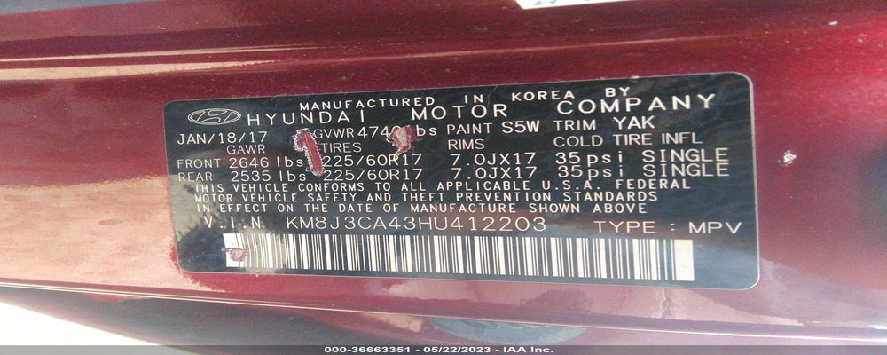 KM8J3CA43HU412203 2017 HYUNDAI TUCSON photo no. 9