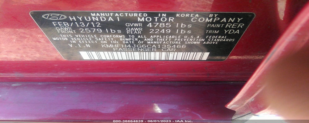 KMHFH4JG6CA135466 2012 HYUNDAI AZERA photo no. 9