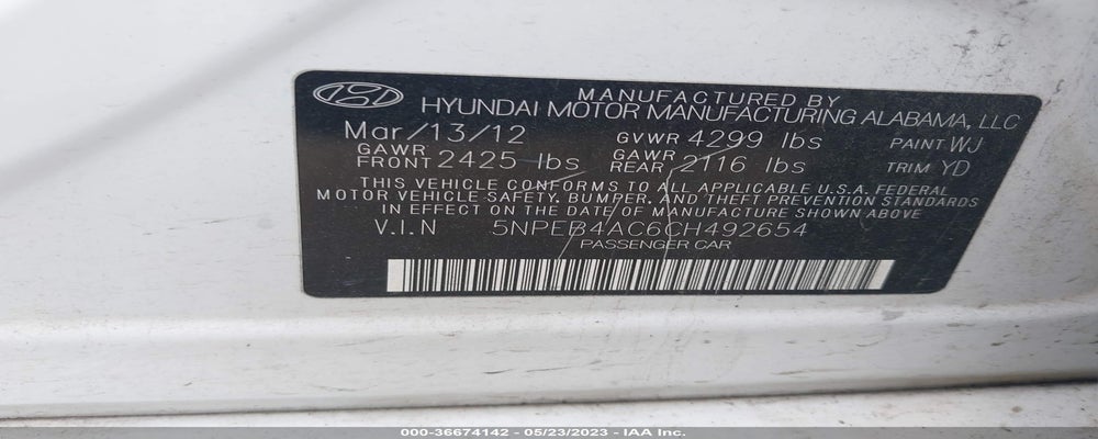 5NPEB4AC6CH492654 2012 HYUNDAI SONATA photo no. 9