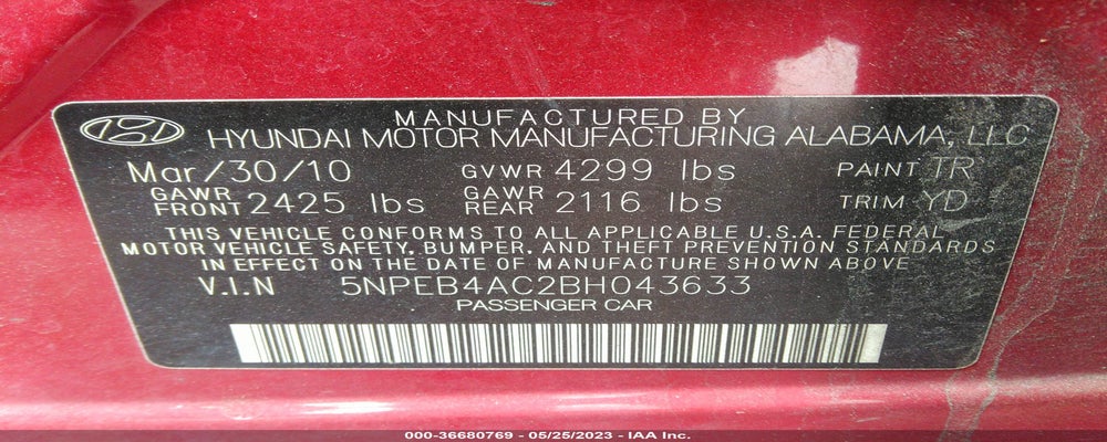 5NPEB4AC2BH043633 2011 HYUNDAI SONATA photo no. 9
