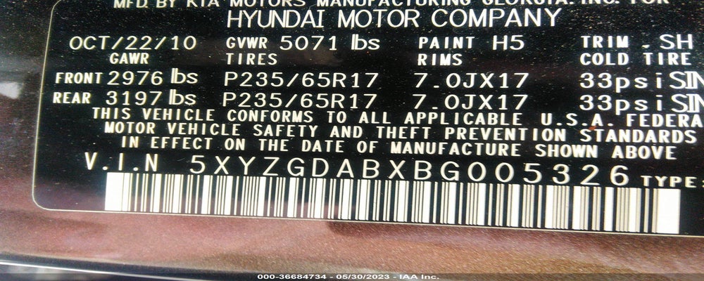 5XYZGDABXBG005326 2011 HYUNDAI SANTA FE photo no. 9