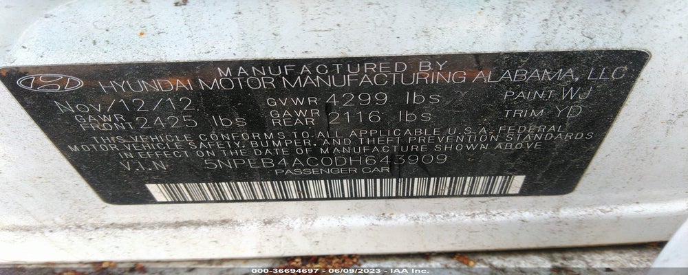 5NPEB4AC0DH643909 2013 HYUNDAI SONATA photo no. 9