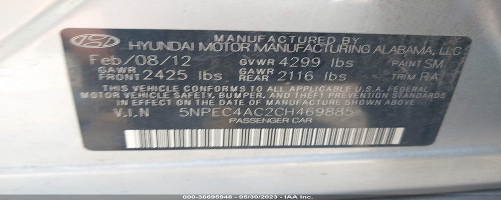 5NPEC4AC2CH469885 2012 HYUNDAI SONATA photo no. 9