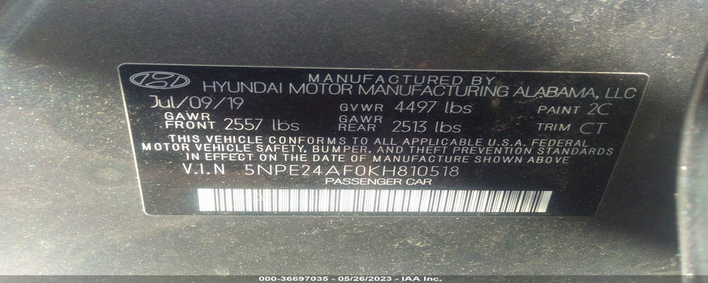 5NPE24AF0KH810518 2019 HYUNDAI SONATA photo no. 9