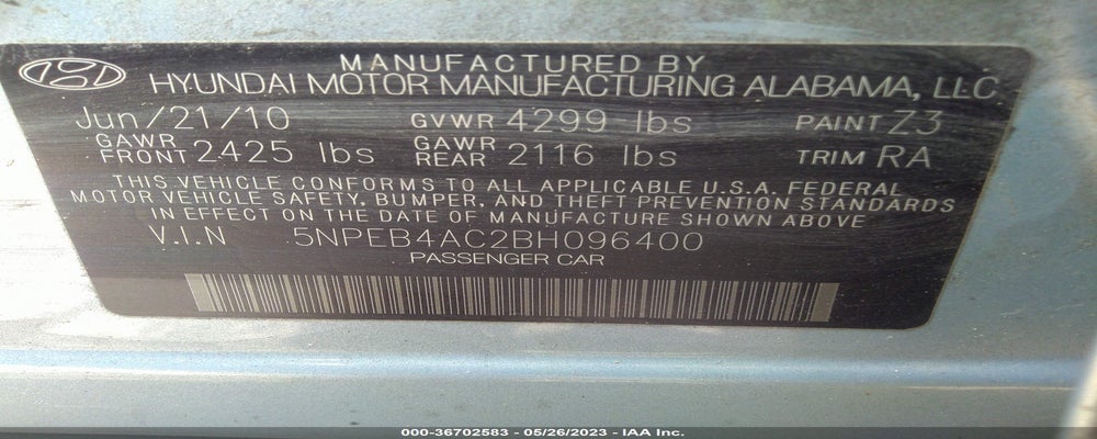 5NPEB4AC2BH096400 2011 HYUNDAI SONATA photo no. 9