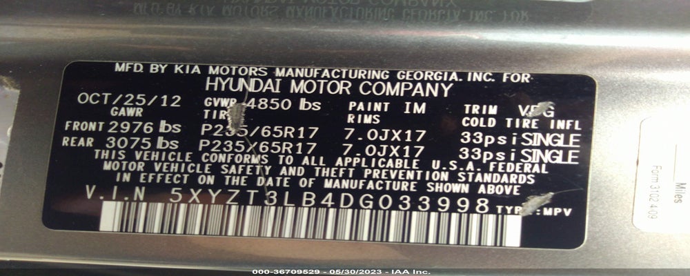 5XYZT3LB4DG033998 2013 HYUNDAI SANTA FE photo no. 9