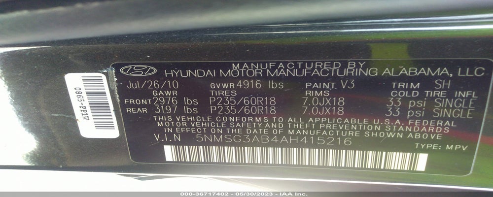 5NMSG3AB4AH415216 2010 HYUNDAI SANTA FE photo no. 9