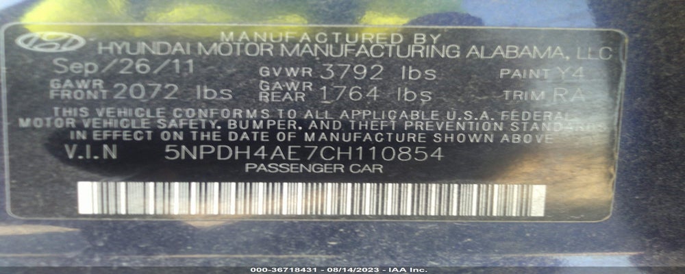 5NPDH4AE7CH110854 2012 HYUNDAI ELANTRA photo no. 9