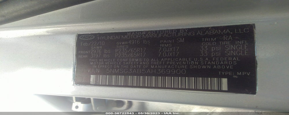 5NMSG3AB5AH369900 2010 HYUNDAI SANTA FE photo no. 9