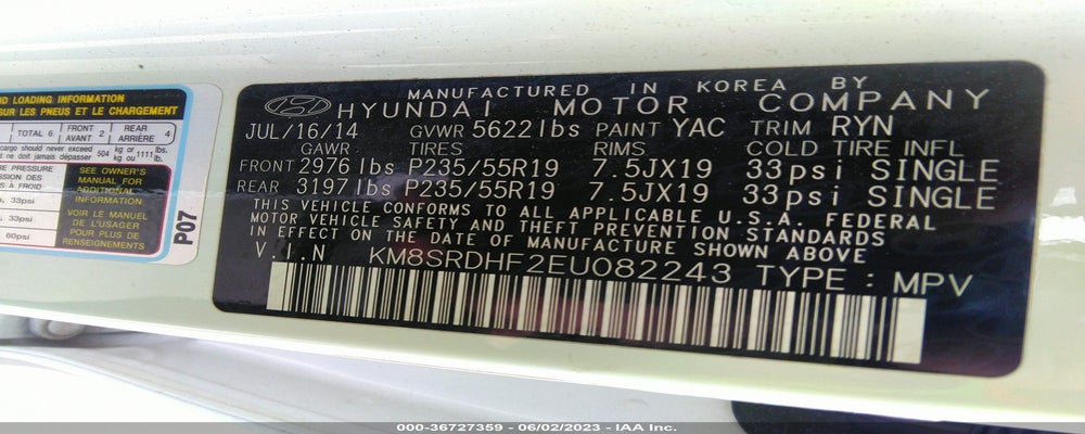KM8SRDHF2EU082243 2014 HYUNDAI SANTA FE photo no. 9