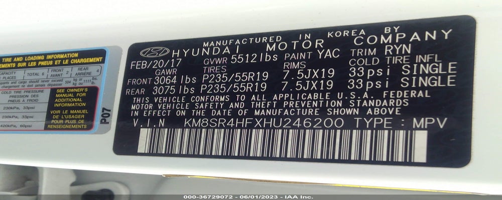 KM8SR4HFXHU246200 2017 HYUNDAI SANTA FE photo no. 9