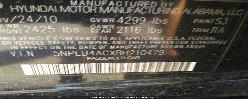 5NPEB4ACXBH210479 2011 HYUNDAI SONATA photo no. 9