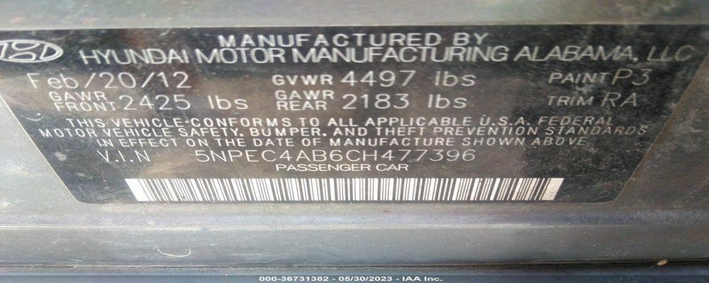 5NPEC4AB6CH477396 2012 HYUNDAI SONATA photo no. 9