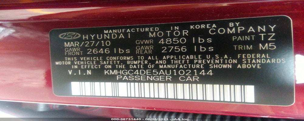 KMHGC4DE5AU102144 2010 HYUNDAI GENESIS photo no. 9
