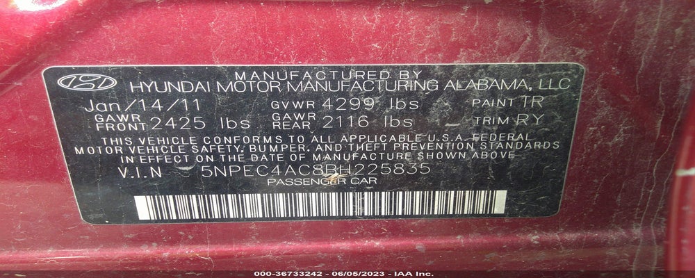 5NPEC4AC8BH225835 2011 HYUNDAI SONATA photo no. 9