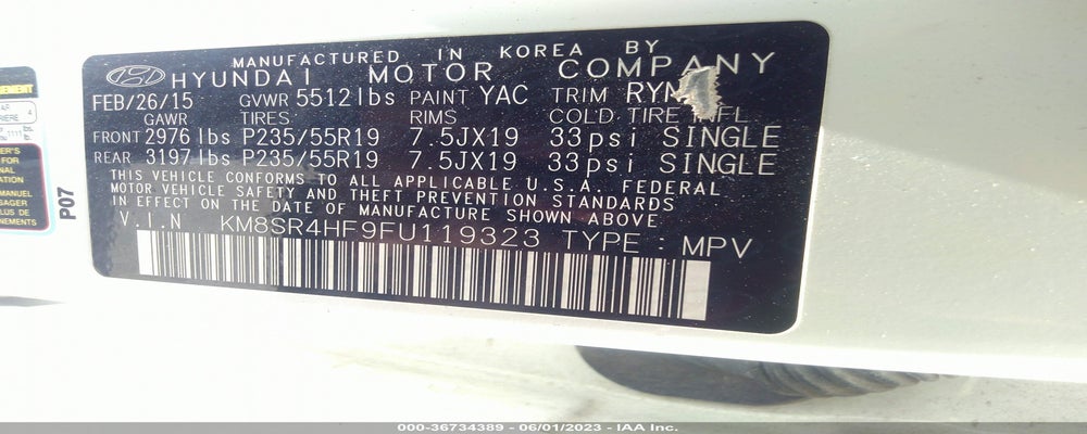 KM8SR4HF9FU119323 2015 HYUNDAI SANTA FE photo no. 9