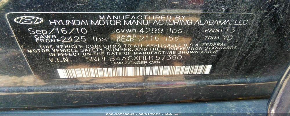 5NPEB4ACXBH157380 2011 HYUNDAI SONATA photo no. 9