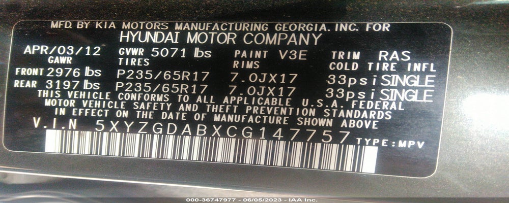 5XYZGDABXCG147757 2012 HYUNDAI SANTA FE photo no. 9