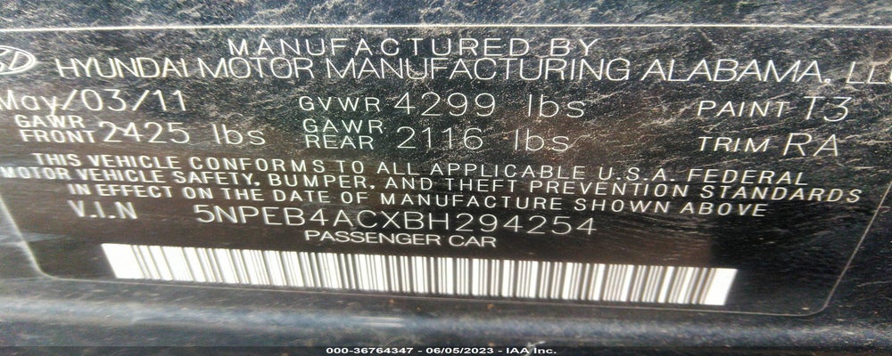 5NPEB4ACXBH294254 2011 HYUNDAI SONATA photo no. 9
