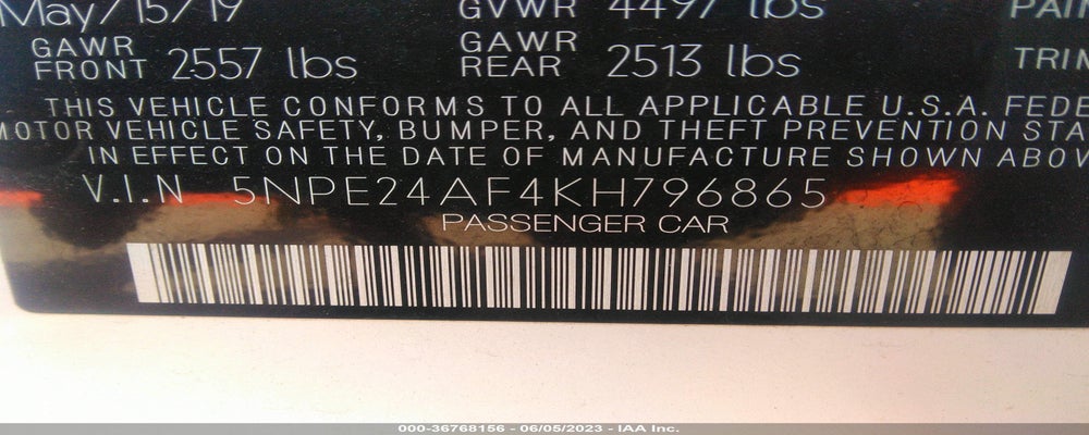 5NPE24AF4KH796865 2019 HYUNDAI SONATA photo no. 9