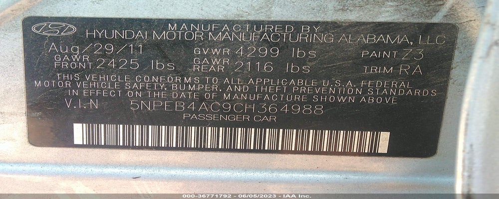 5NPEB4AC9CH364988 2012 HYUNDAI SONATA photo no. 9