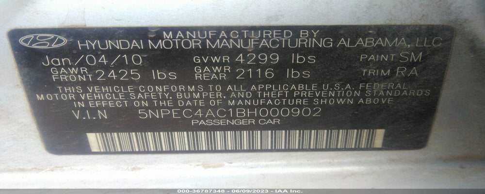 5NPEC4AC1BH000902 2011 HYUNDAI SONATA photo no. 9